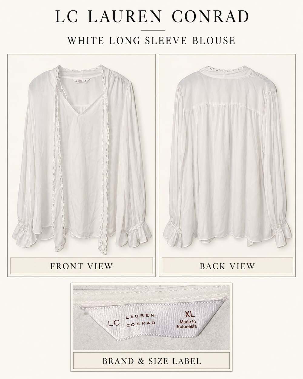 LC Lauren Conrad White Long Sleeve Blouse with Eyelet Trim and Ruffle Cuffs